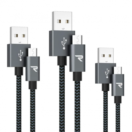 Câble USB / Micro Nylon Tressé RAMPOW RAA17 Gris/Noir - 1m/2m/3m - Pack de 3